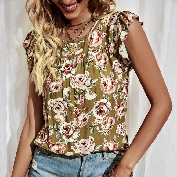 Boho Floral Butterfly Sleeve Ruffle Keyhole Top - Picture 3 of 5